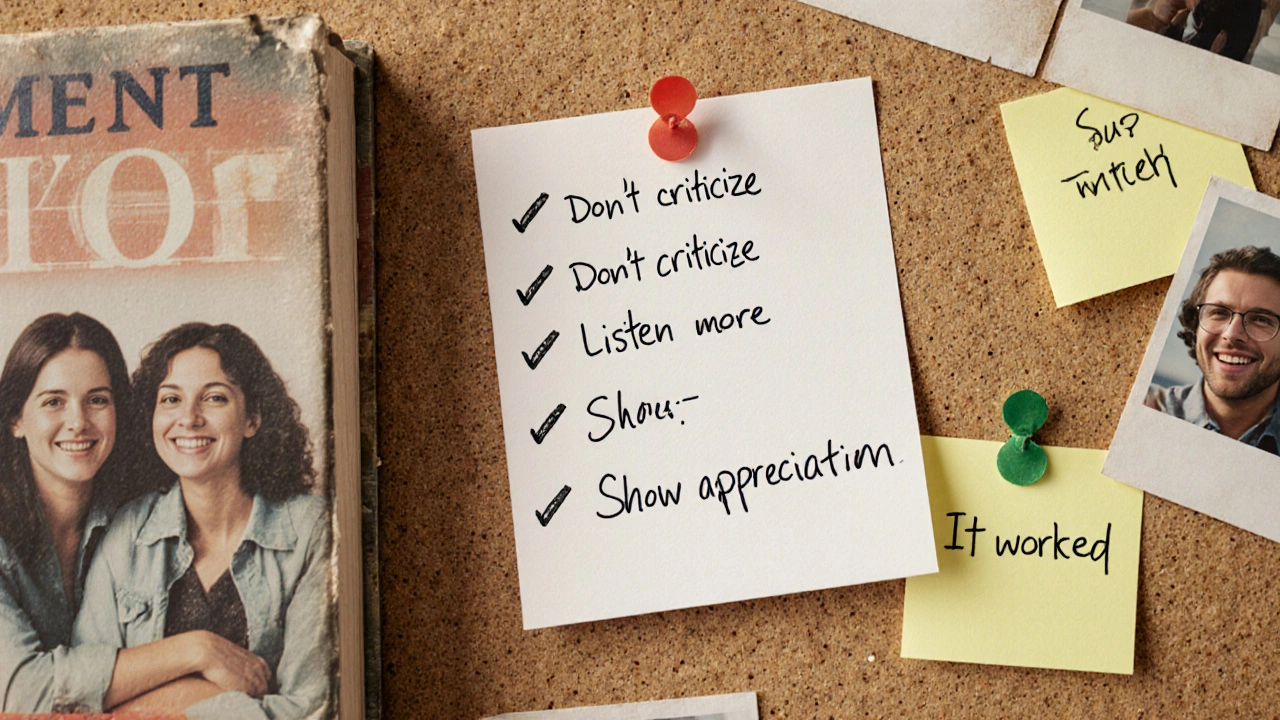 Six handwritten principles from the book pinned beside a worn copy on a corkboard.