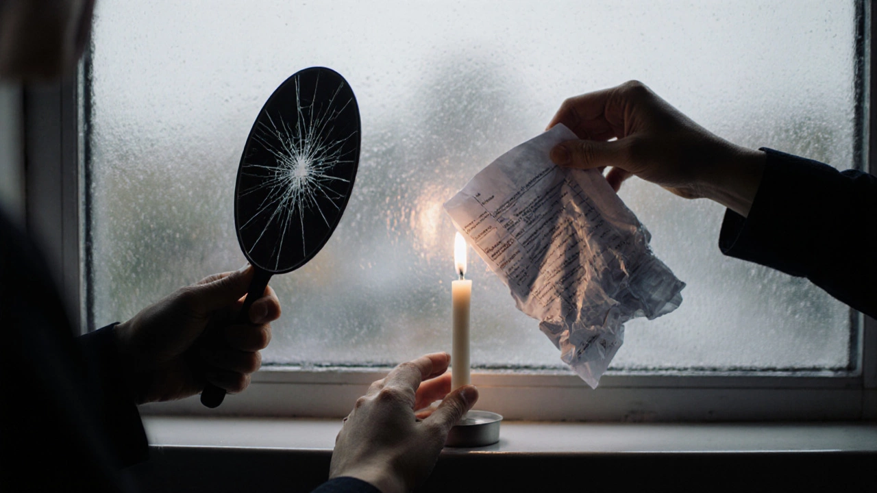 Three hands holding symbolic objects—mirror, paper, and candle—against a rainy window, representing inner growth.