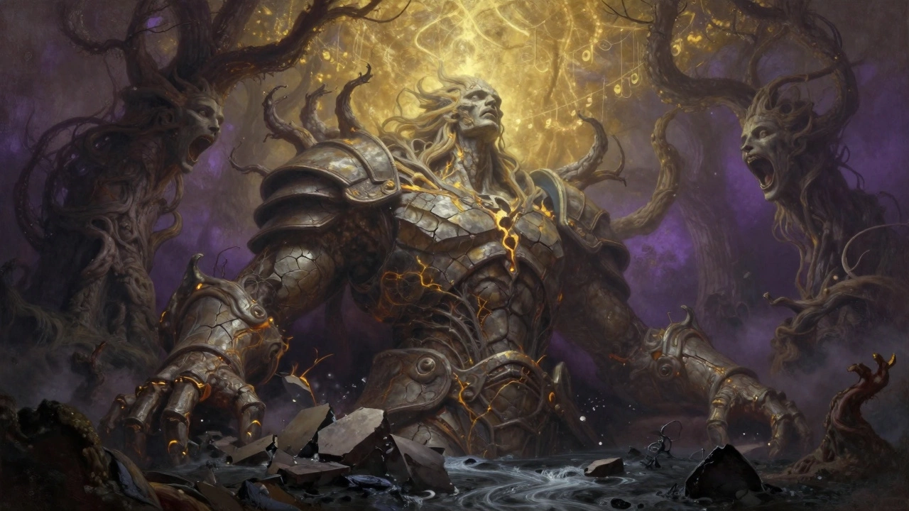 A colossal corrupted figure rising from a shattered world, twisting nature into suffering.