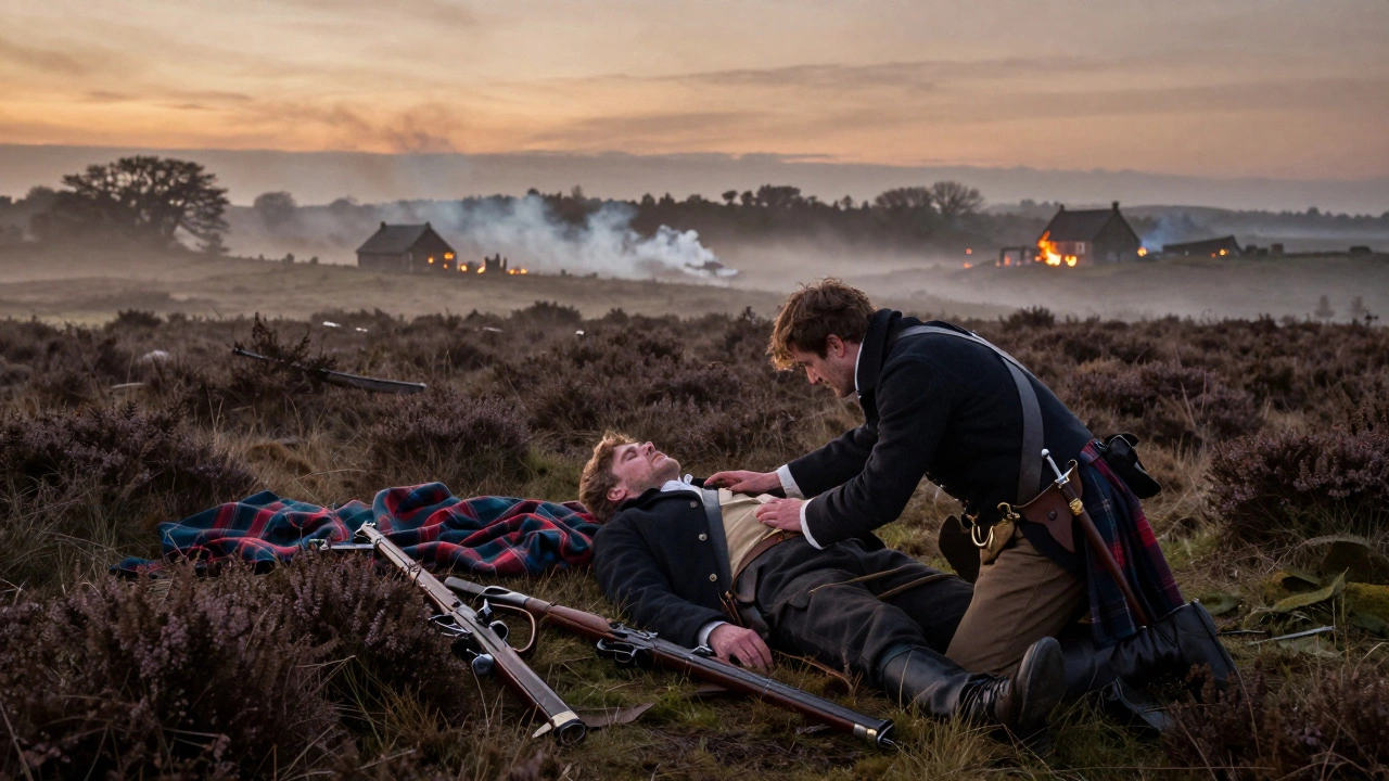 A farmer mourns a fallen soldier on a post-battle field littered with tartan cloaks and muskets.