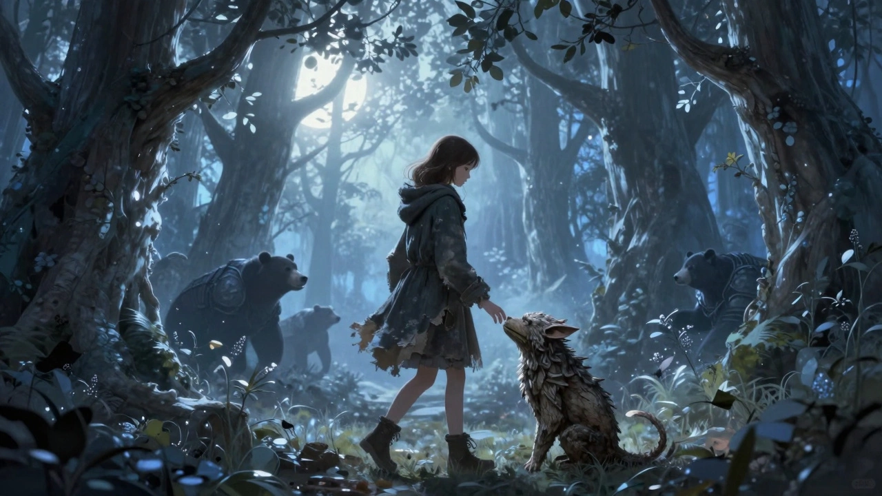 A girl walking through a magical forest with a spirit creature, moonlight glowing around her.