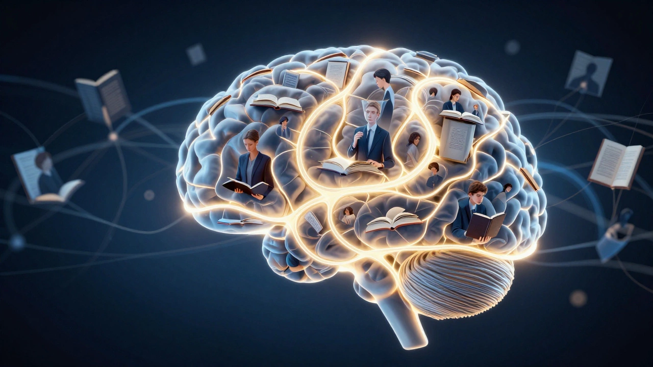 A glowing brain with light trails connecting to scenes of reading, empathy, and curiosity.