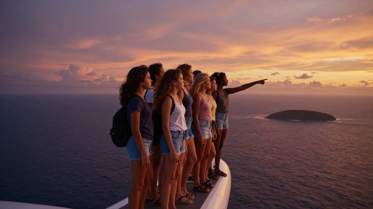 A group of girls on a plane over the ocean at sunset, pointing toward a distant island.