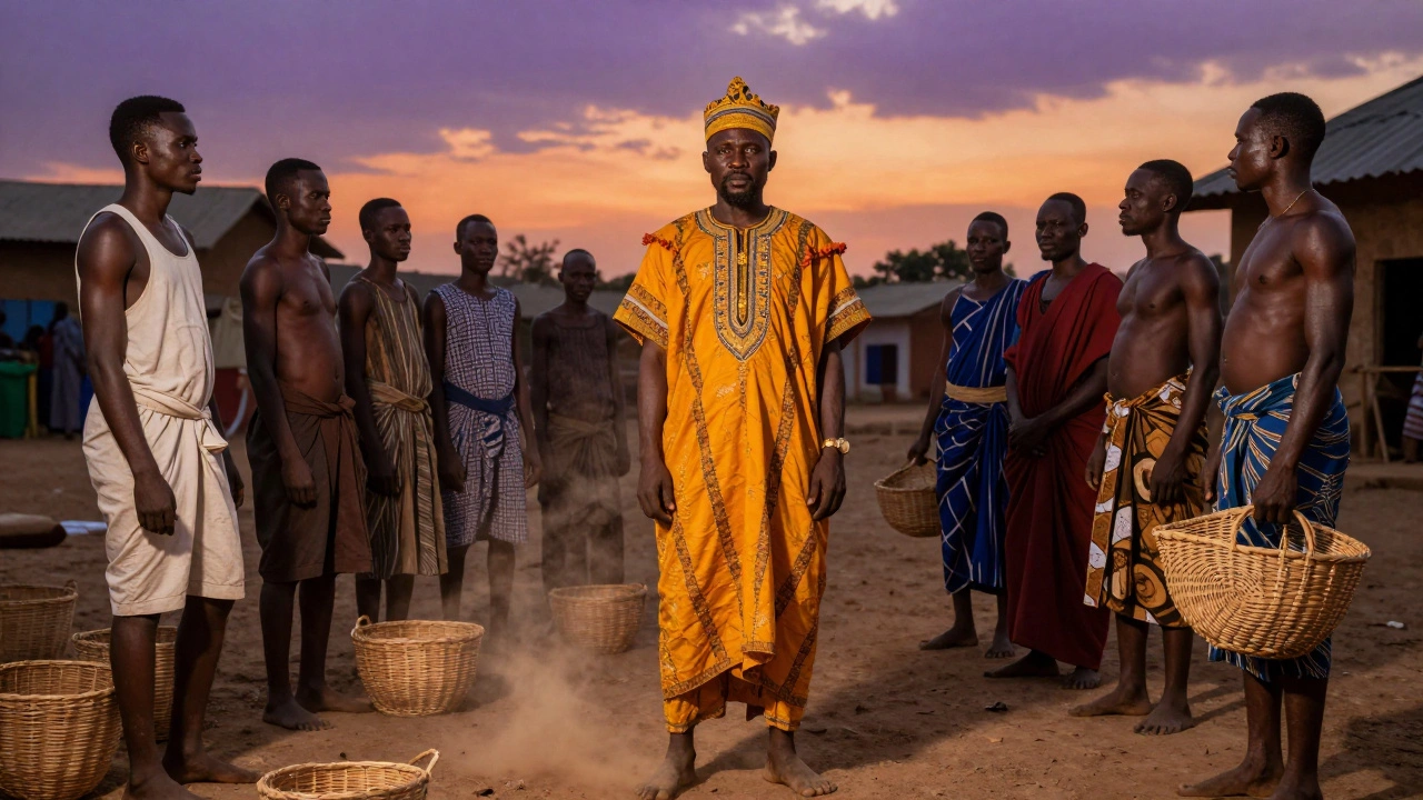 A Nigerian warrior facing missionaries in a village at dusk, cultural clash visible in posture and clothing.