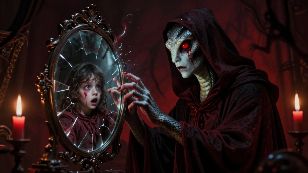 A pale wizard with snake-like features facing a mirror reflecting a terrified child.