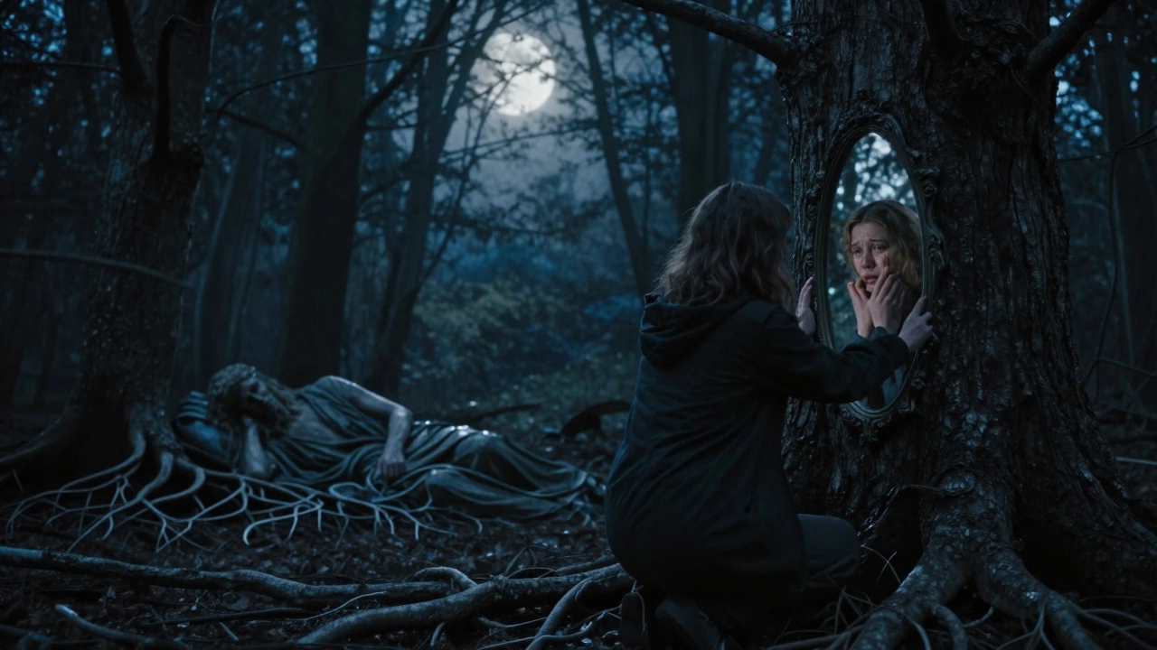 A person facing a magical mirror showing their past self in an ancient forest.