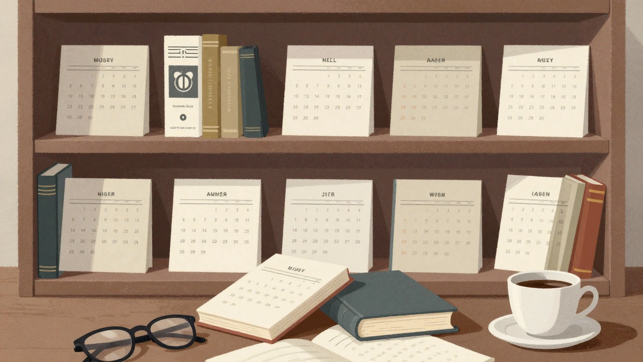 A yearly calendar shaped like a bookshelf filled with varied books, coffee cup nearby.