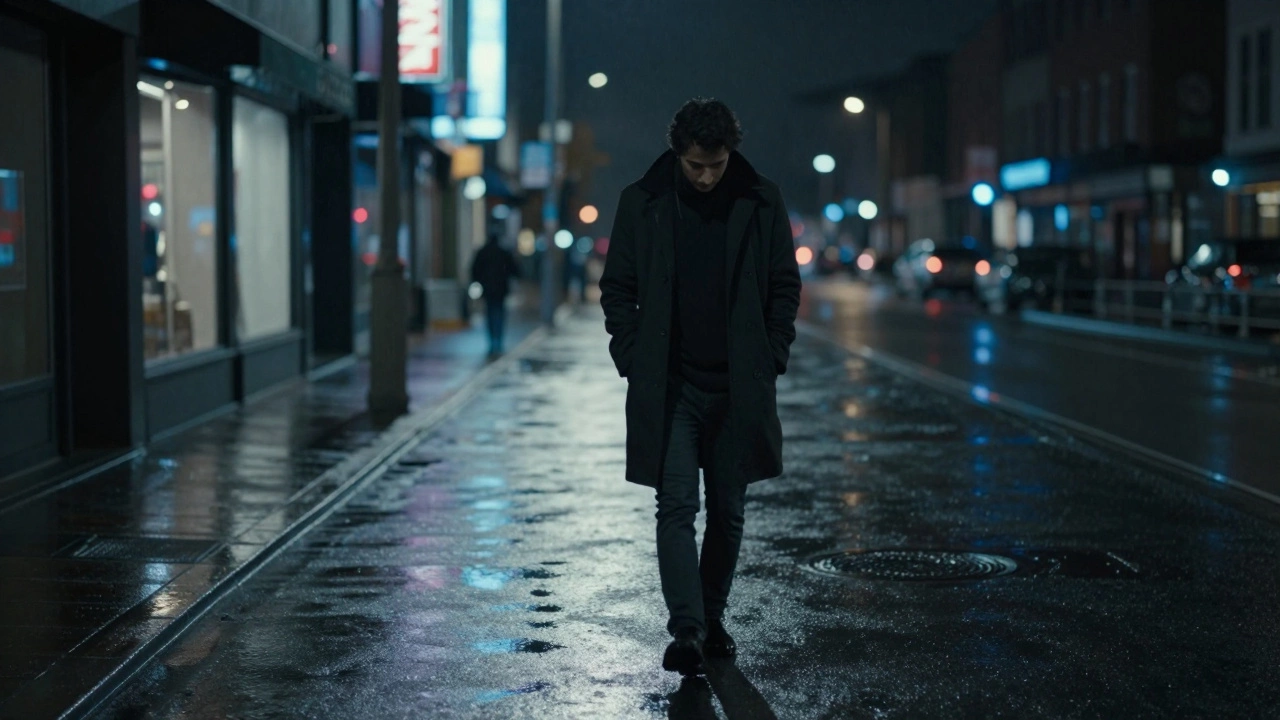 A young man walking alone down a rainy city street at night, lost in thought.