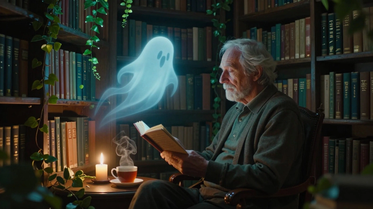 An elderly librarian reading to a gentle ghost in a magical library filled with glowing books.