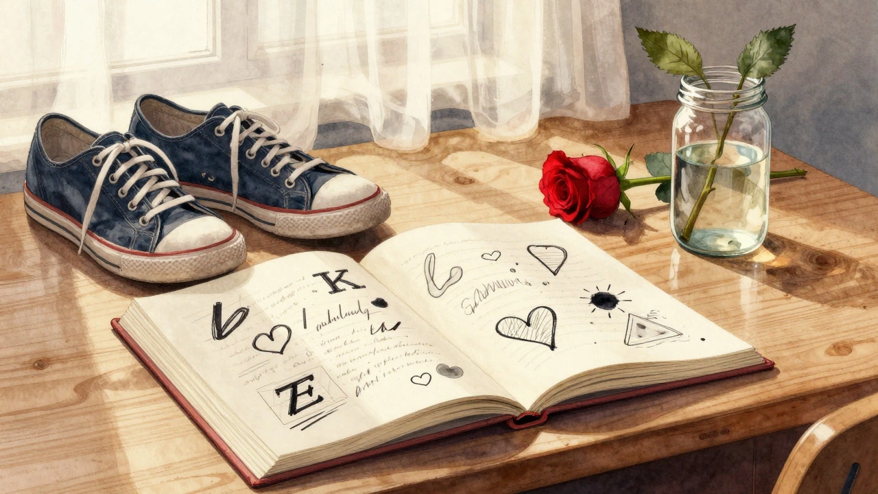 An open journal with handwritten love notes and a wilting rose on a desk.