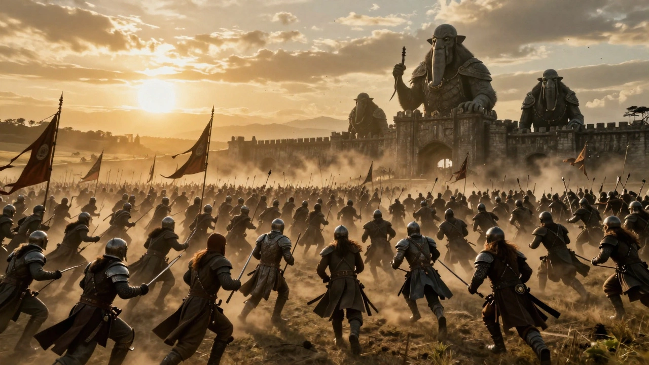 Epic battle across Pelennor Fields with warriors, Orcs, and Oliphaunts