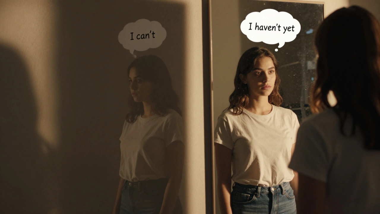 Person facing mirror showing two versions of self: limiting belief vs. growth mindset.