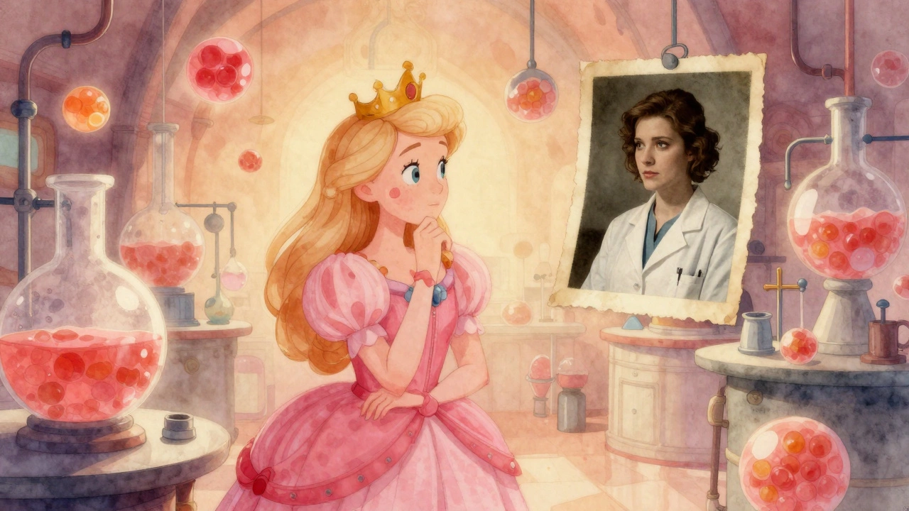 Princess Bubblegum in her lab, looking at an old photo, surrounded by glowing candy inventions.