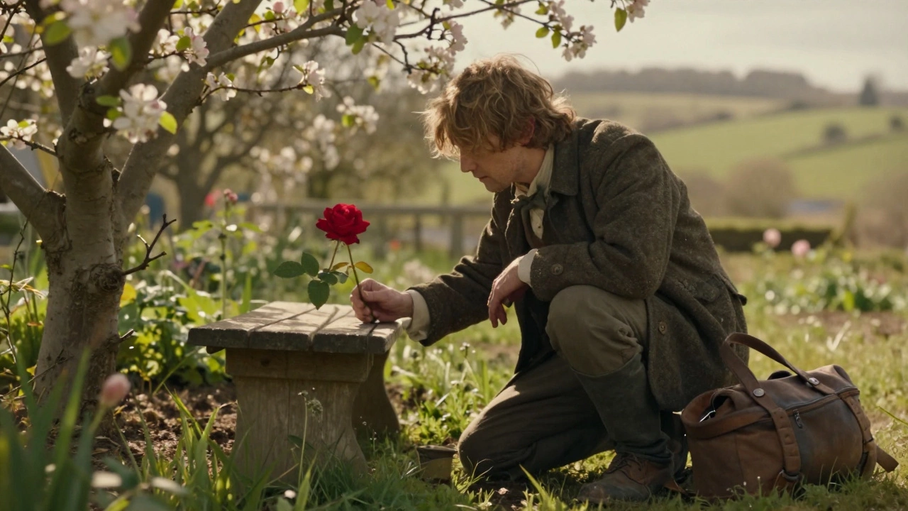 Samwise tending his garden in the Shire under soft sunlight