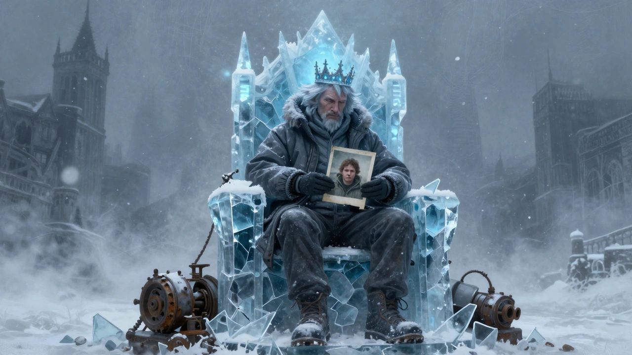 The Ice King on a frozen throne, holding a faded photo, surrounded by ghostly ruins and falling snow.