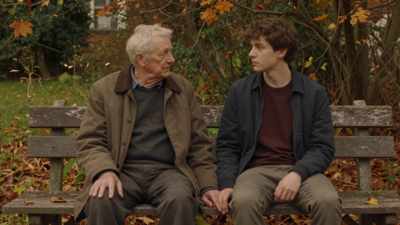 Two figures on a bench in an autumn garden, their silence speaking of lifelong change.