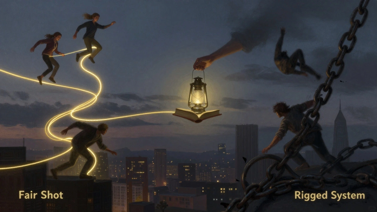 Two opposing narratives as glowing threads and dark chains shaping a city, with a lantern illuminating both.