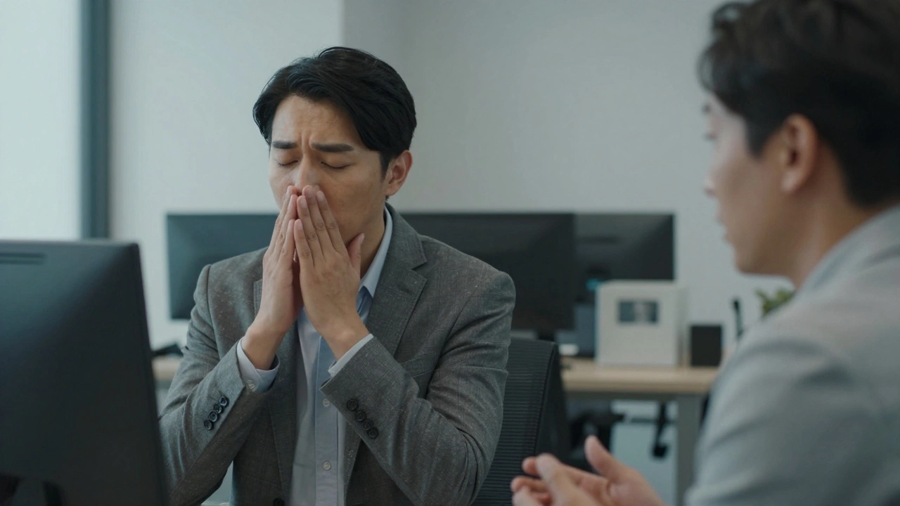 Two people in an office, one pausing to breathe before responding to the other.