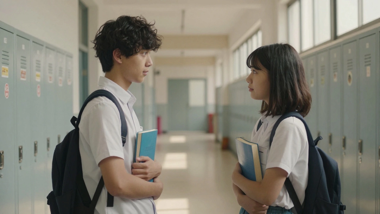 Two teens exchanging a meaningful glance in a quiet school hallway.