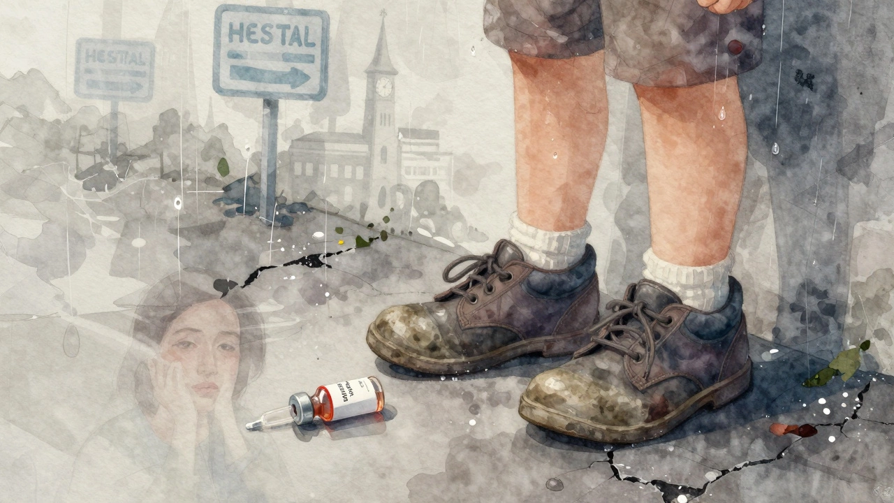 Worn-out shoes and an insulin vial on pavement, with a mother's face reflected in a rain puddle.