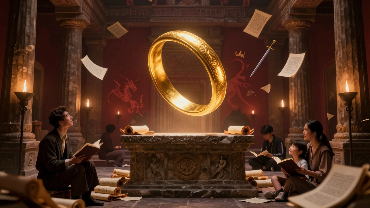 A glowing ring hovers above an altar, surrounded by readers from different generations in awe.