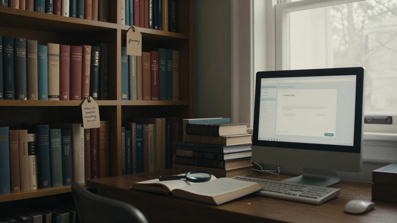 A quiet home library with tagged books and an old computer screen showing LibraryThing.