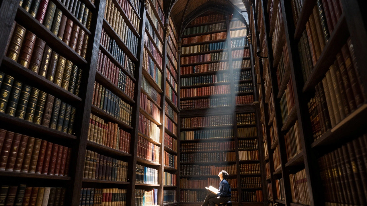 A towering library of 120 leather-bound books under a single reader in a silent archive.