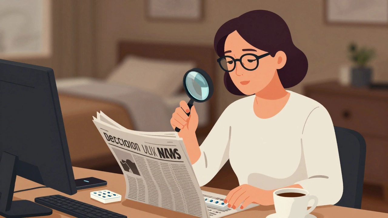 A woman in her 40s using reading glasses while surrounded by signs of sleep and hormonal changes.