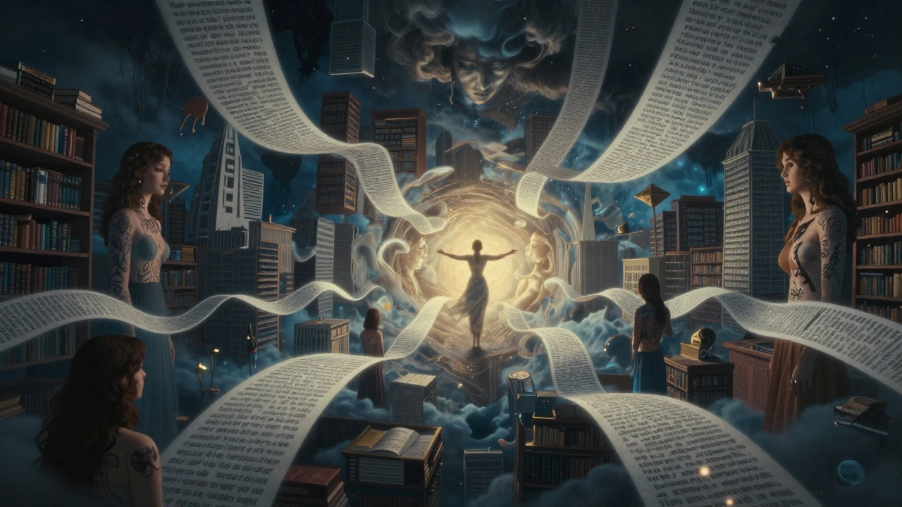 An infinite dreamscape of glowing text threads forming cities, storms, and memory-tattooed figures.