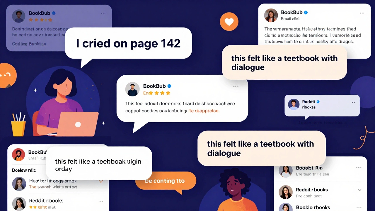 Digital collage of reader reviews and book discovery alerts in warm neon tones.