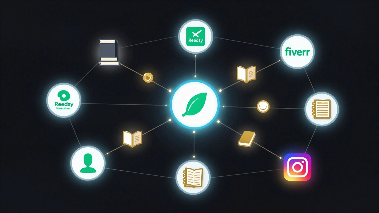 Digital network of book review platforms connected by glowing lines with book icons traveling between them.