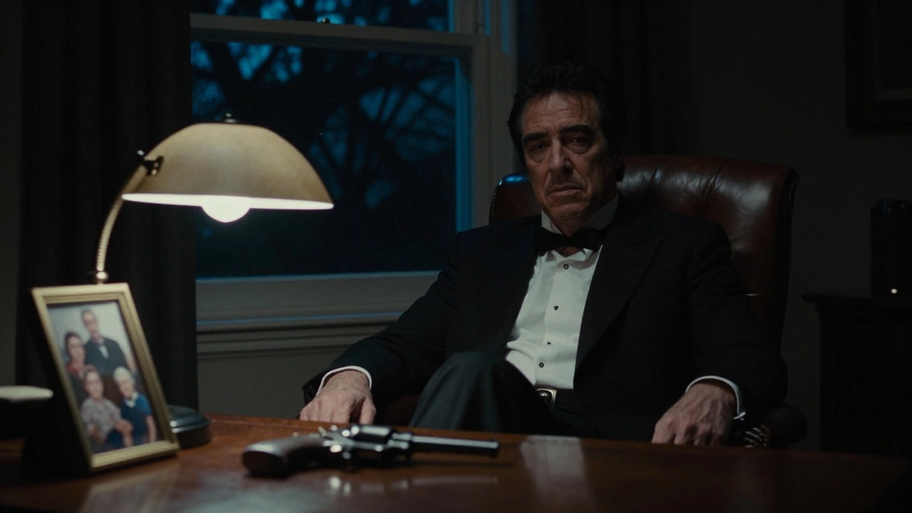Michael Corleone alone in his study, face half-lit, revolver beside a family photo.