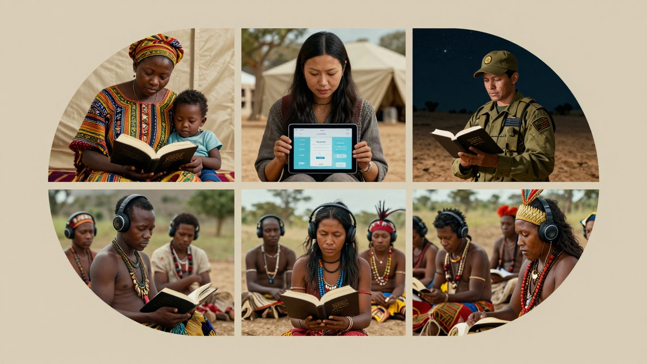 People around the world reading the Bible in diverse settings: Nigeria, China, a desert camp, and Papua New Guinea.