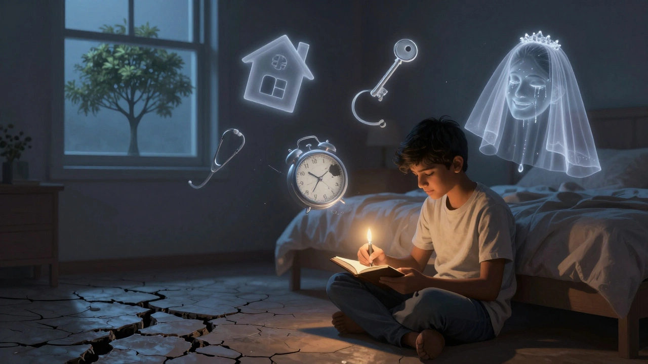 Teen writing in journal as floating symbols of societal expectations hover around them in soft candlelight.