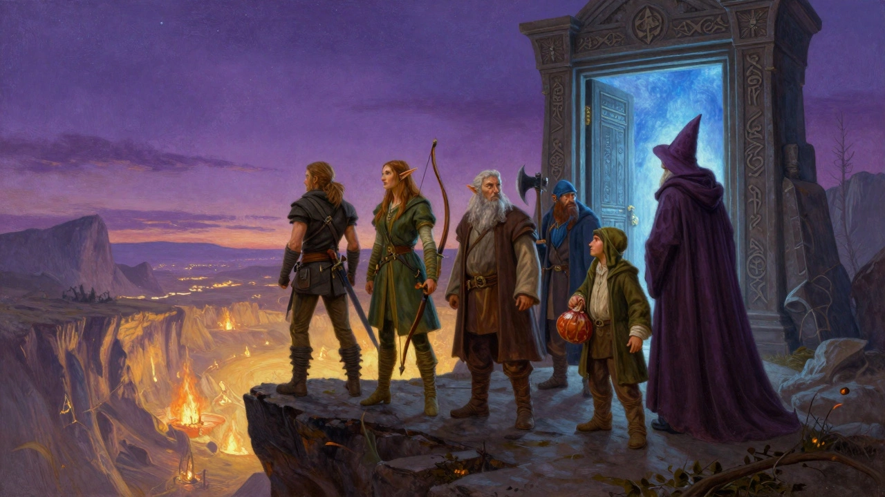 The Fellowship stands united on a cliff, facing a glowing ancient door as twilight falls.