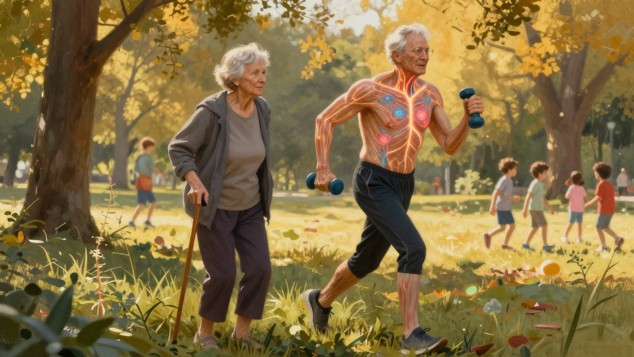Two 65-year-olds side by side, one frail and one strong, showing how lifestyle affects aging.