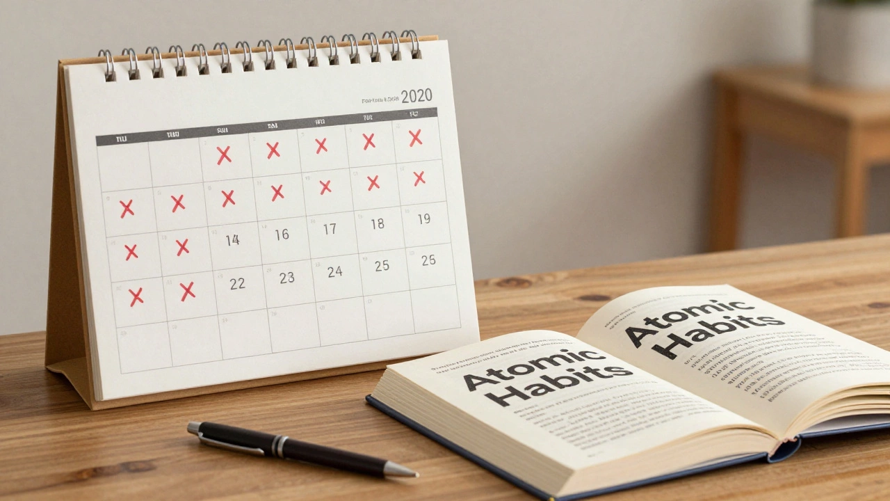 A calendar with daily red X's and an open copy of 'Atomic Habits' on a wooden desk.