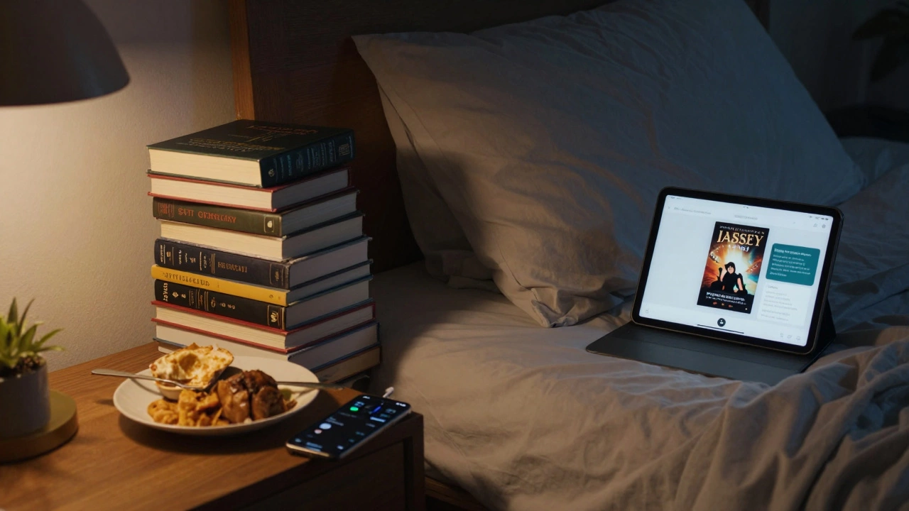 A cluttered bedroom at night with unread books and a phone glowing with notifications beside a half-eaten meal.
