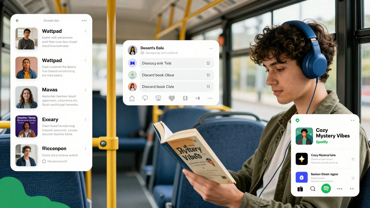A commuter listening to an audiobook while digital story interfaces and book club chats float around them.