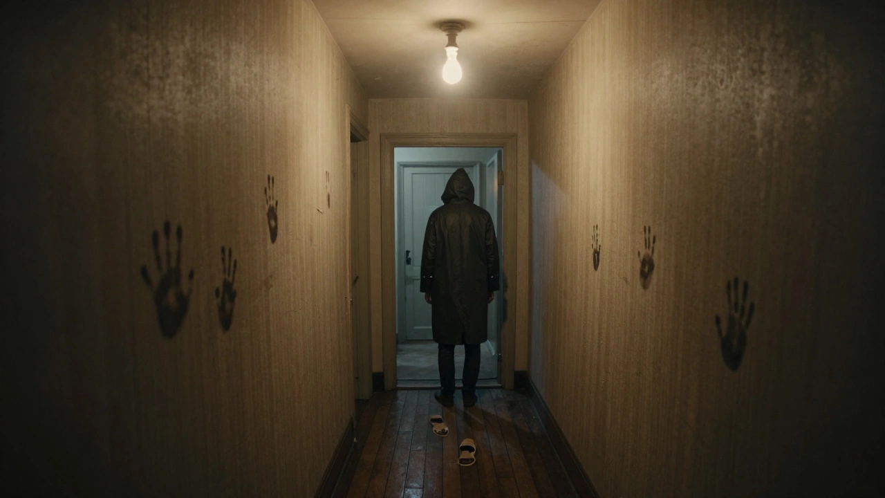 A shadowy figure stands at the end of a dim hallway, with smudged handprints on the walls.