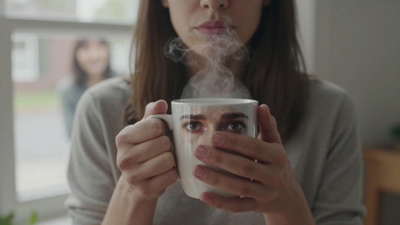 A woman's calm face contrasts with her terrified reflection in a coffee mug, as a neighbor watches outside.