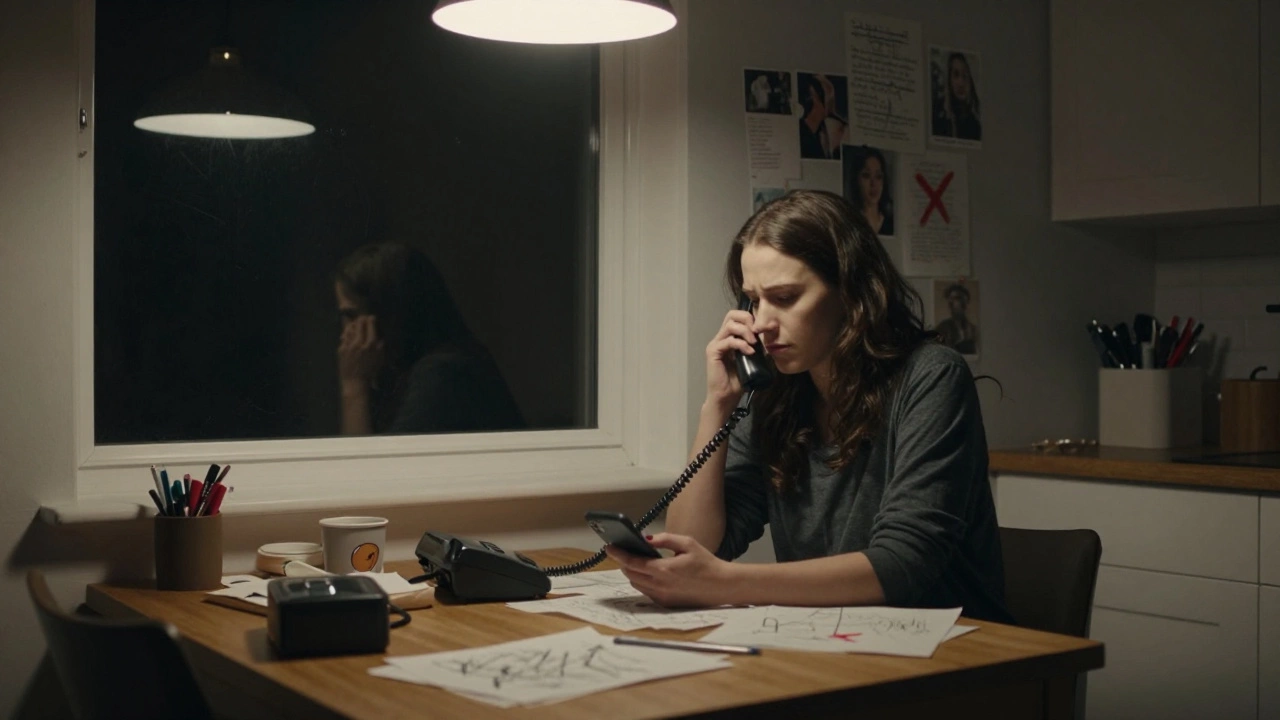 A woman staring at a ringing phone in a dim kitchen, reflections and notes hinting at hidden danger.