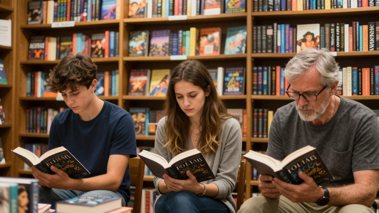 Diverse readers of different ages each hold a copy of ACOTAR in a warmly lit bookstore, showing its broad appeal.