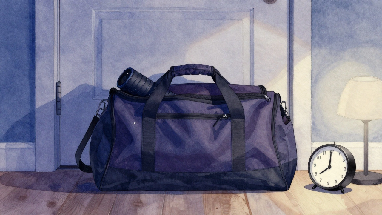 Gym bag neatly packed by bedroom door at night.