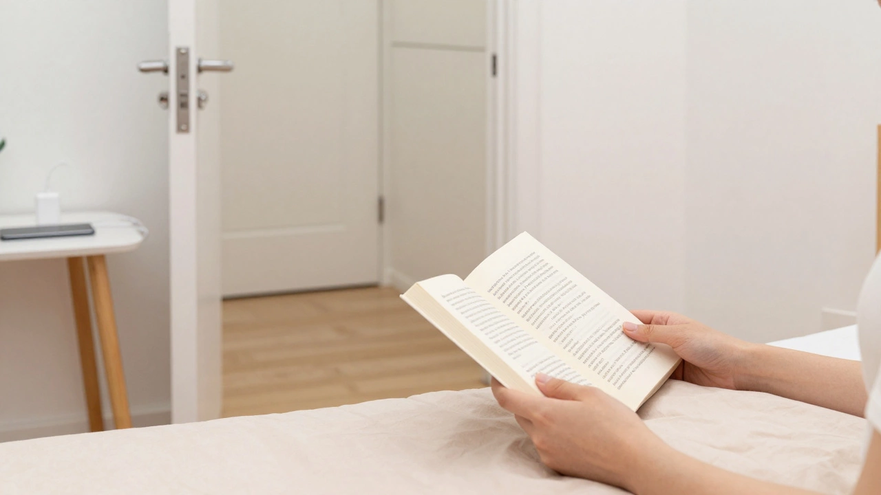 Person reading book in bed with charger in hallway.