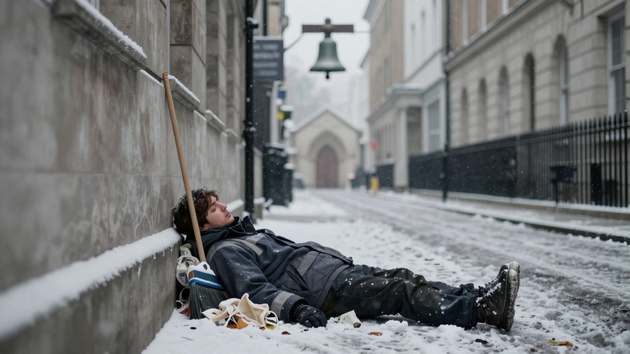A deceased street sweeper lying alone in a snowy alley, a broom beside him,无人问津.