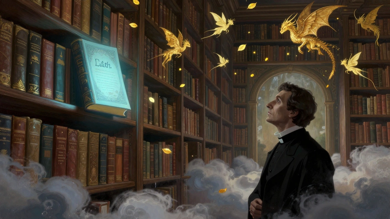 A floating library of glowing books, with a minister watching as mythic creatures drift down from 'Lilith'.