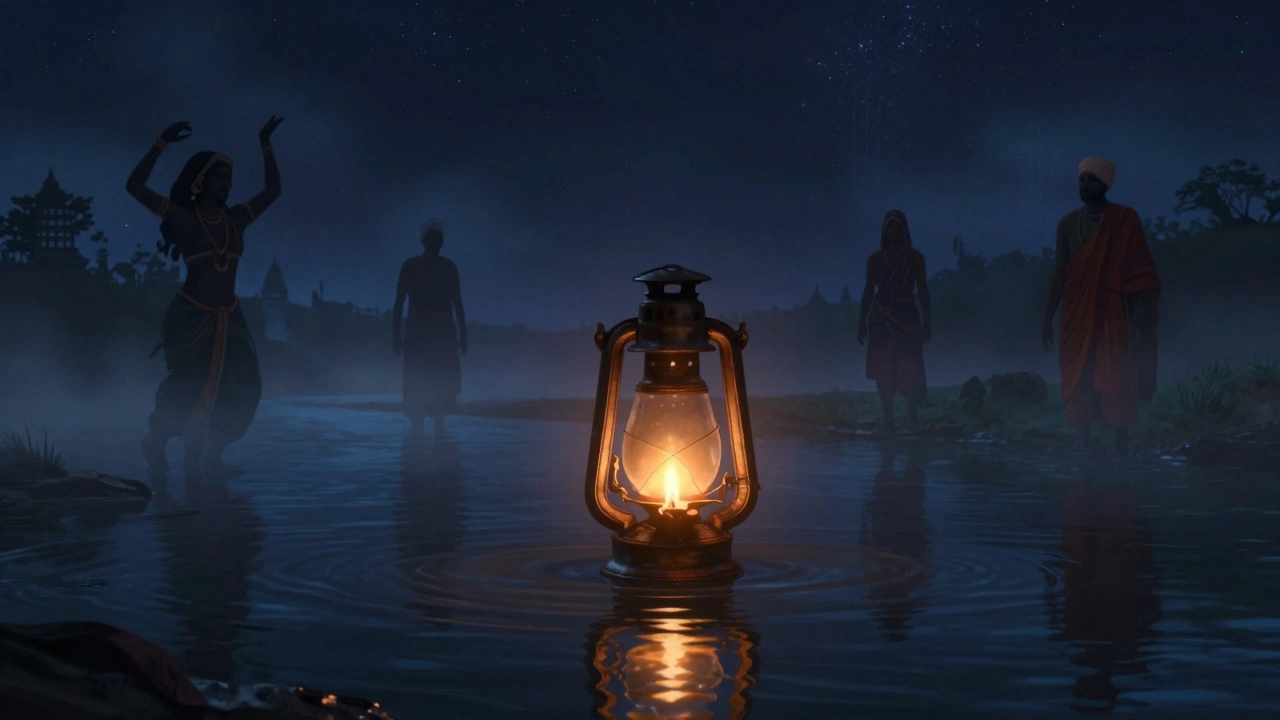 A floating oil lamp on a river at night, with ancestral figures appearing in the mist under a starry sky.