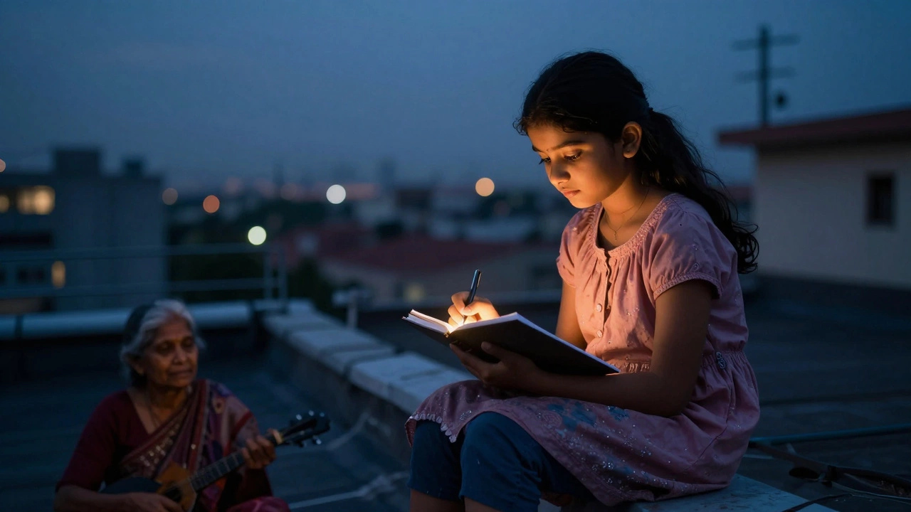 A girl writing on a rooftop at dusk, listening to her grandmother hum a lullaby.