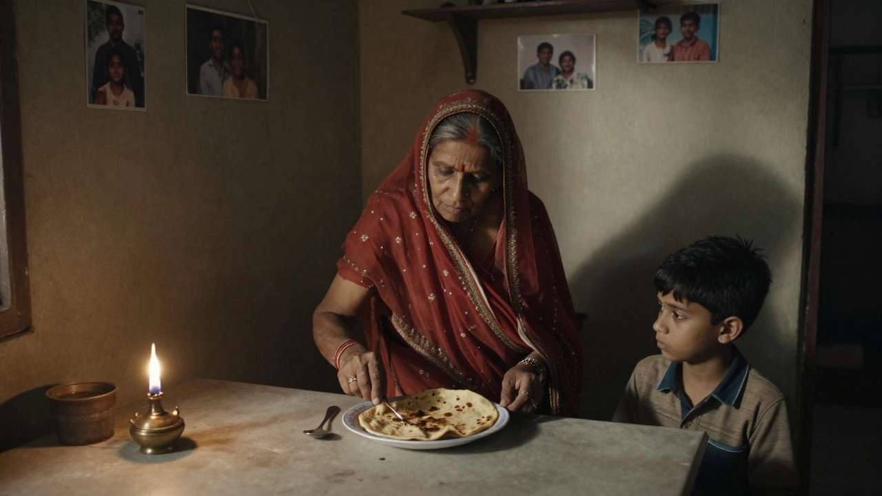 A grandmother setting an extra plate at dinner, alone in a dimly lit kitchen.